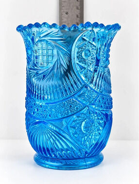 Vintage Aqua Blue UV Reactive Pressed Glass Vase Pineapple & Fan